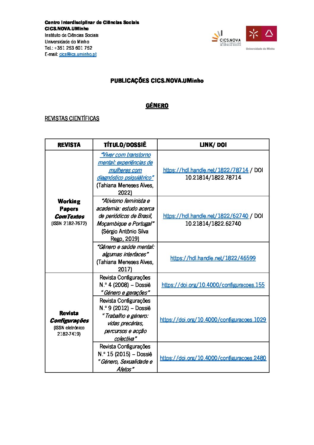 PUBLICAÇÕES CICS.NOVA.UMinho/GÉNERO